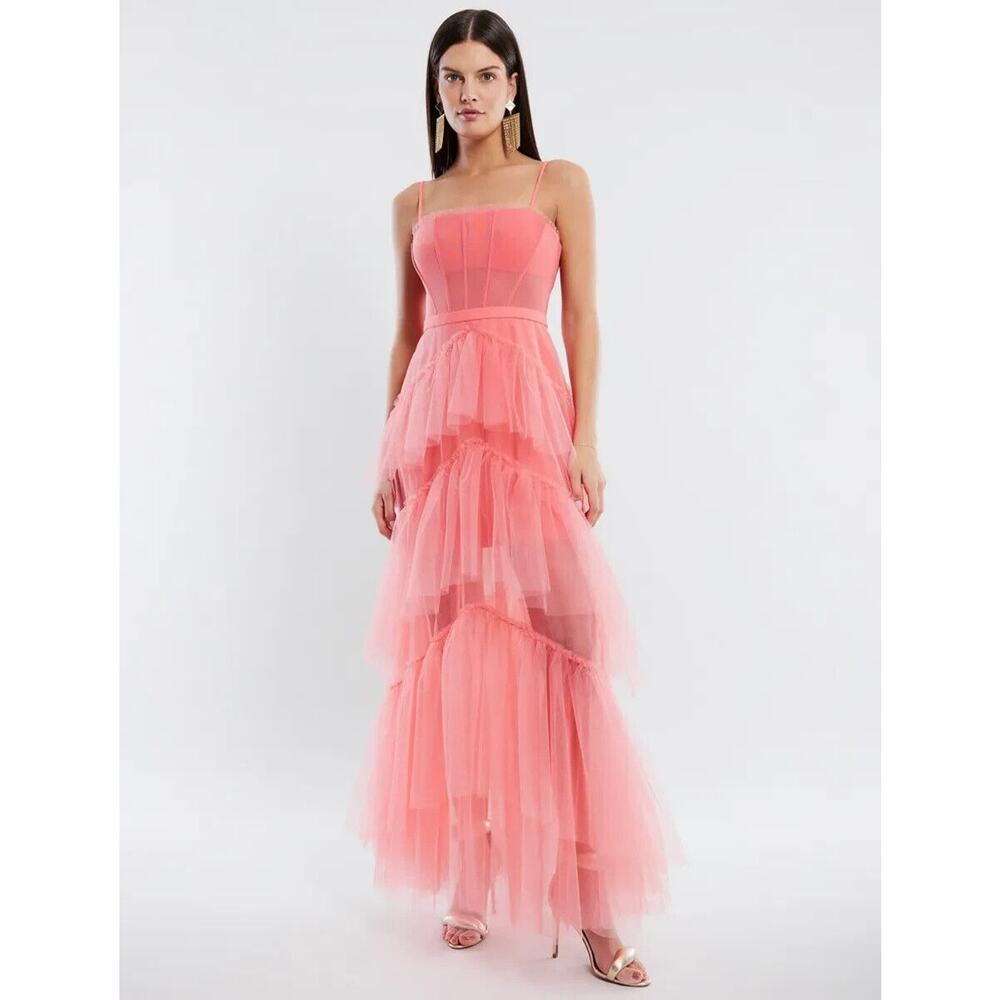 BCBGMAXAZRIA Oly‎ Women’s Coral Tiered Ruffle Corset Tulle Evening Gown Size 2